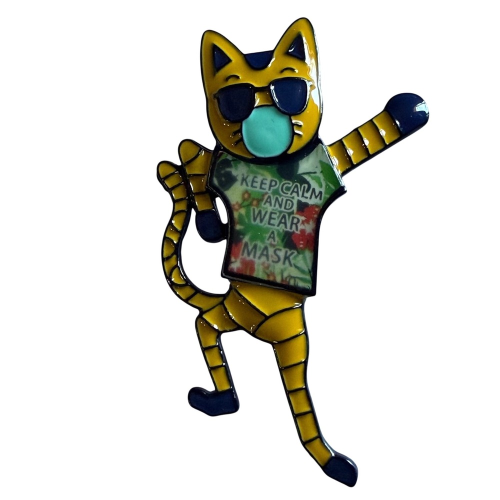 Keep Calm and Wear a Mask Yellow Cat Enamel Brooch Pin Sunglasses Novelty